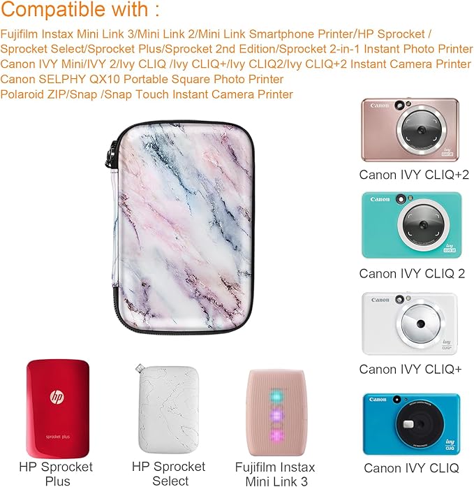 FINTIE Case for HP Sprocket Select/Sprocket Plus Smartphone Printer, Canon Ivy Mini/CLIQ 2/CLIQ+2 Instant Camera - Shockproof Hard Shell Carrying Case, Marble Pink