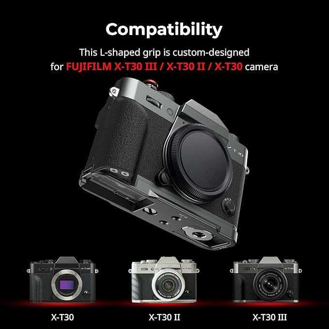 SMALLRIG X-T30 III/X-T30 II/X-T30 L-Shape Grip for FUJIFILM Camera, Built-in Quick Release Plate for Arca, 1/4"-20 Holes, Ergonomic Silicone Handgrip,Shutter Button (Charcoal Silver) - 5665