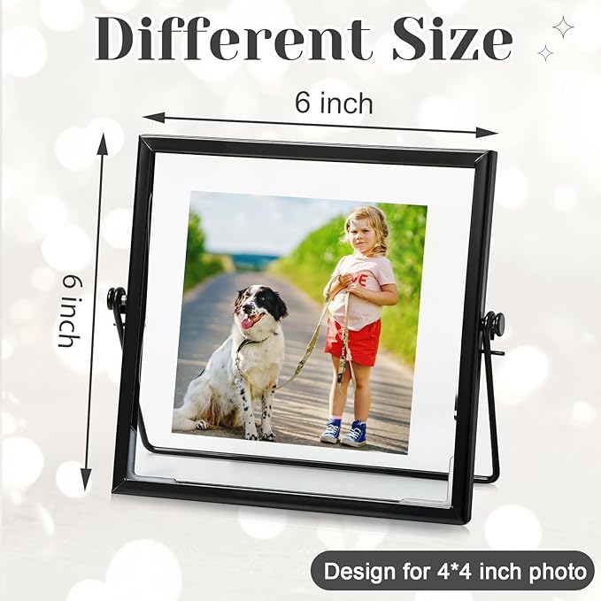 Hoteam 12 Pack 6 x 6 Inches Black Floating Frame for Photo 4 x 4 Inch Glass Floating Picture Frame Collection Vintage Metal Minimal Ornate Easel for Wedding Gift Pictures Photos Desk Tabletop Display