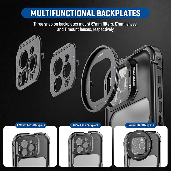 NEEWER PA074 Phone Cage Compatible with iPhone 16 Pro Max + 67mm Magnetic Black Diffusion 1/4 Filter Set for 16Pro (PA073) 16ProMax (PA074) Cage, Quick Release Video Rig Phone Stabilizer