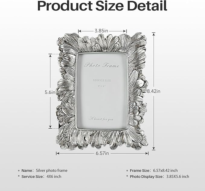 Cuspin 4x6 Picture Frame Silver, Vintage Ornate Palm Leaves Textured Hand-Crafted Resin Frames with Glass Front, Elegant Wedding Frame for Wall Hanging and Tabletop Display Home Decor