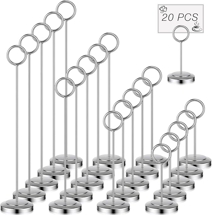 Otoolling 20 Pcs Table Number Holders 4/6/8/10 Inch Place Card Holder Stands Wire Photo Clips Metal Table Card Stands for Centerpieces, Photos, Food Signs, Birthdays, Weddings (Silver)