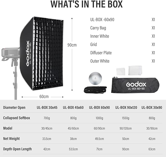 Godox Rectangular Softbox, 60cm*90cm/ 23.6in*35.4in with Grid Diffuser Fast-Setup Bowens Mount Softbox Compact Photography softbox for Photography Shooting Continuous Light Monolight Strobe Flash