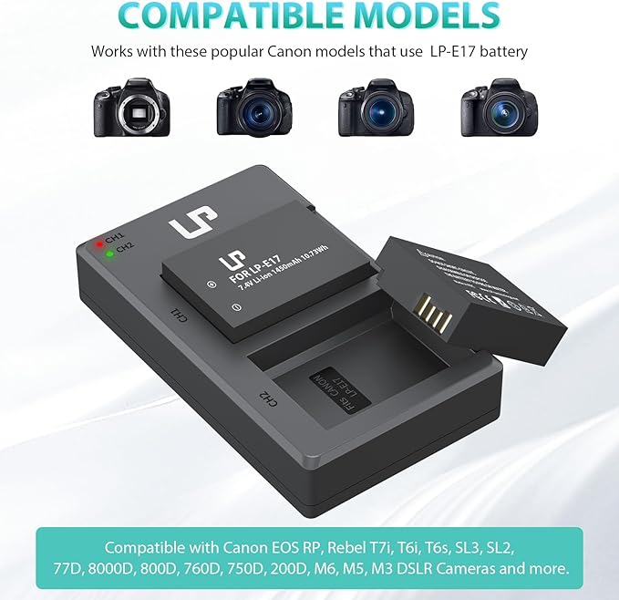 LP LP-E17 Battery Charger Pack, Compatible with Canon EOS R8, R10, R50, RP, Rebel T6i, T7i, T8i, T6s, SL2, SL3, EOS 77D, 200D, 750D, 760D, 800D, 8000D, M3, M5, M6 Mark II, KISS X8i & More DSLR Camera