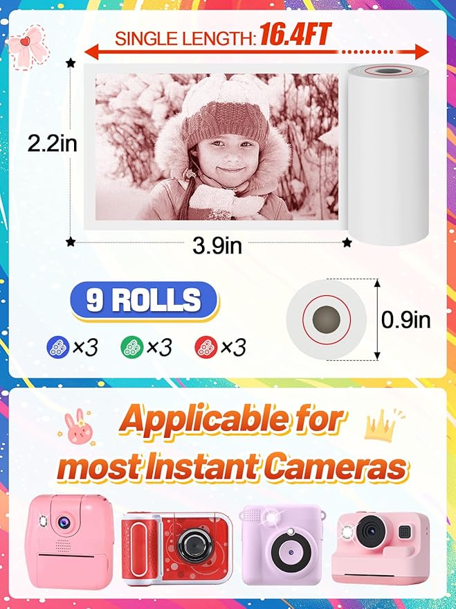 9 Rolls 3-color Kids Camera Paper Roll Refill - Color-Developing Red Green Blue, Thermal Instant Camera Photo Printer for 4 5 6 7 8 9 10 Year Old Girls Boys Birthday Gifts