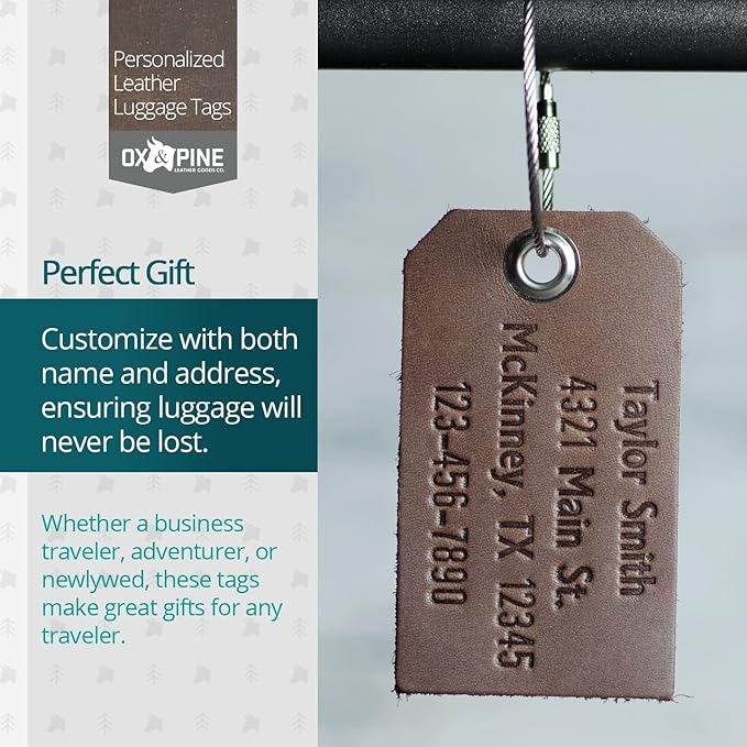 Ox & Pine Handmade Personalized Leather Luggage Tags - 100% Full-Grain Leather (Dark Brown, Rustic Brown, Saddle Tan, Rustic Gray, or Black) 3.5" x 2" (Rustic Gray)