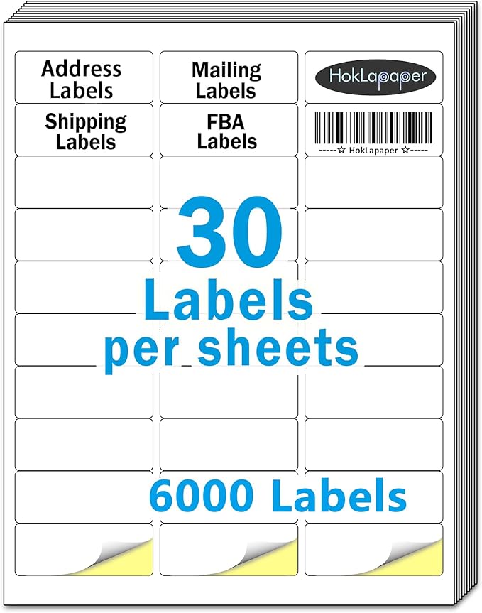 1" x 2-5/8" Mailing Address Labels,6,000 Sticker Labels(200 Sheets),White Blank Labels for Laser/Inkjet Printer,Permanent Adhesive FBA Labels