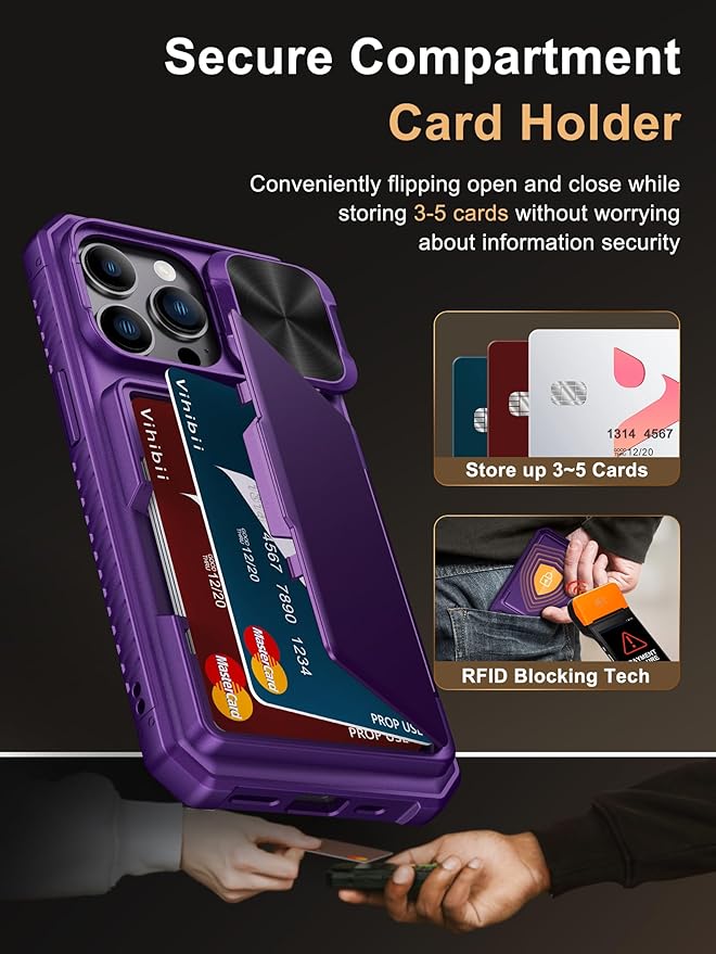 Vihibii for iPhone 13 Pro Wallet Case with Card Holder (4 Cards), [RFID Blocking] & Slide Camera Lens Cover & Raised Edges Protect Screen, Shockproof Rugged Case for iPhone 13 Pro, 6.1", Dark Purple