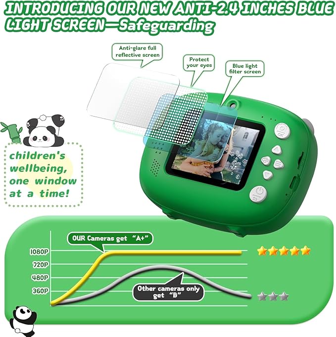 Panda Kids Camera Instant Print Photo with 32G Card, 1080P HD Video Instant Cameras Age 3-12, Digital Toddler Camera Toys with Color Pens for DIY 3-12 Year Old Girls Boys Gifts Birthday, Green