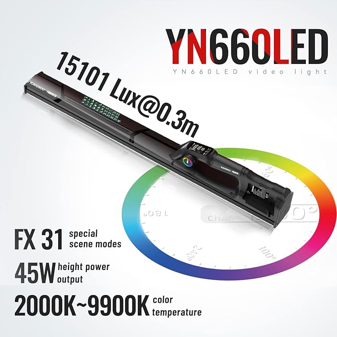 YONGNUO YN660LED LED Video Light, 45W Handheld Wand Light, RGB Full Color LED Tube Light, CRI96 2000K-9900K Adjustable, 31 Lighting Effect, for Photo YouTube Video Photography
