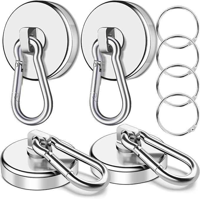 VSKIZ Magnetic Hooks Heavy Duty 150Lbs, 4 Pack Super Strong Magnetic Hooks with Swivel Carabiner for Cruise, Black Neodymium Magnet Hooks Magnetic Wall Hanger for Hanging, Toolbox, Grill, Cabins