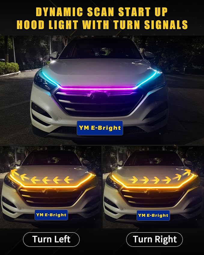 RGB Hood Light Strip with Sequential Turn Signal Indicator Function Waterproof Multicolor Dynamic Scan Start Up Hoodbeam Kit for Cars,Truck,SUV,with APP Control,12V 79inch/2M (1Set)