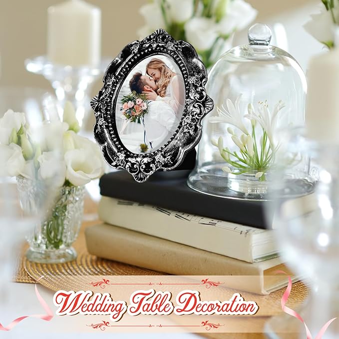 Maitys 15 Pcs Mini Picture Vintage Frames with Stands Tiny Antique Photo Baroque Ornate Resin Oval Frame Table Top Display Home Wedding Decor (Black Silver)