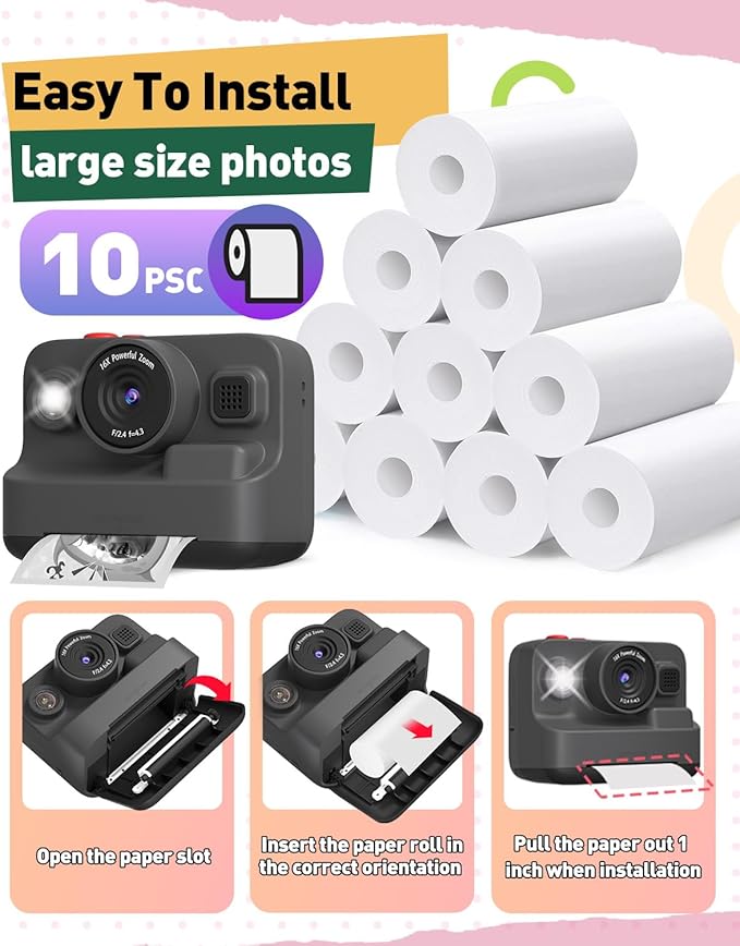 Yehtta 10 Rolls Kids Instant Camera Print Paper, Photo Printer Thermal Paper Rolls, BPA Free, Refill Replace Camera Instant Printer Paper for Most Kids Instant Camera