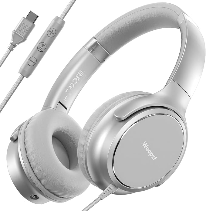 USB C Wired Over-Ear Headphones with Microphone, Volume Control, Share Port, and Adjustable Headband Foldable Stereo Headset for iPhone 16, Samsung, Laptop, Gaming, Travel