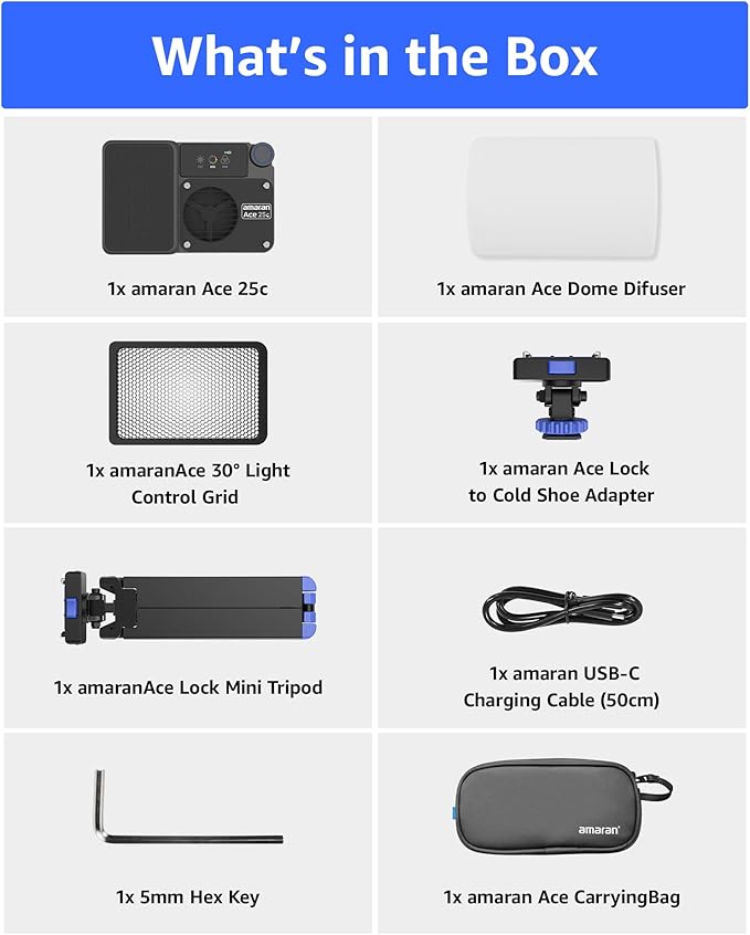 amaran Ace 25c Kit RGB Pocket LED Light,Boost Mode to 32W Mini On Camera Video Light,2300K~10000K Support Magnetic Attraction and App Control with Carrying Case,Mini Tripod,Grid (Charcoal)