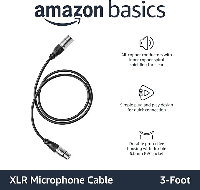 Amazon Basics 2-Pack XLR Microphone Cable for Speaker or PA System, All Copper Conductors, 6MM PVC Jacket, 3 Foot, Black