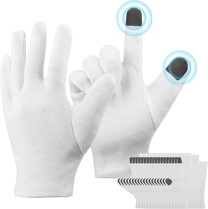 ENPOINT Small Touch Screen Gloves, 10 Pairs White Cotton Gloves for Art Handling, Coin Handling, Jewelry, Photography, Dry Hands Sleeping, with Pack of 40 Touchscreen Stickers