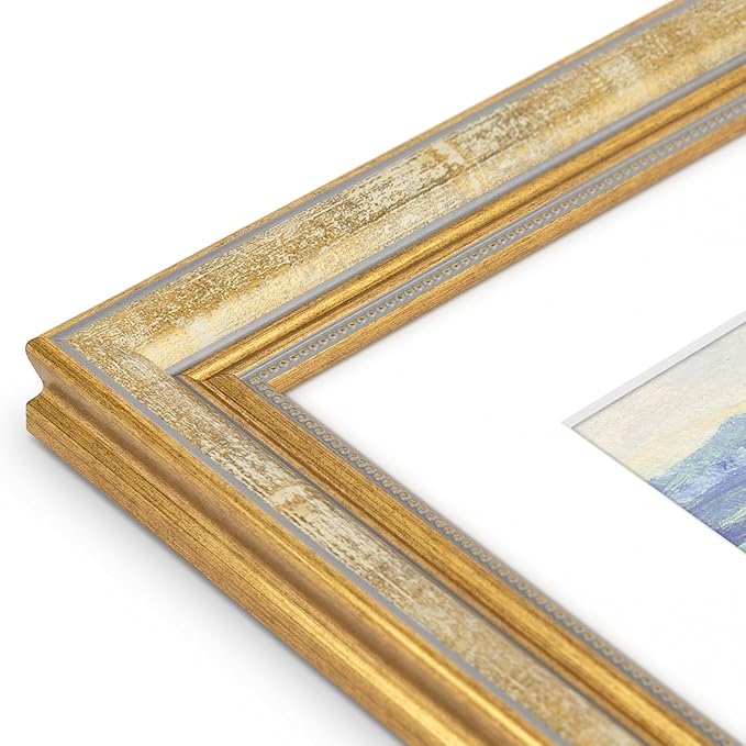 Golden State Art,8x10 Ornate Picture Frame for 5x7 Photo with Mat or 8 x 10 Prints without Mat, Real Glass Wall & Tabletop Display Horizontally or Vertically (Color:Vintage Gold)