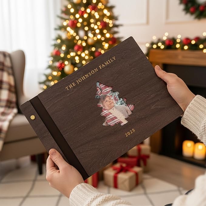 Personalized Christmas Photo Album - Wooden Custom Memory Photo Album, Vintage Memory Book for Family Holiday Memories, Unique Christmas Gift