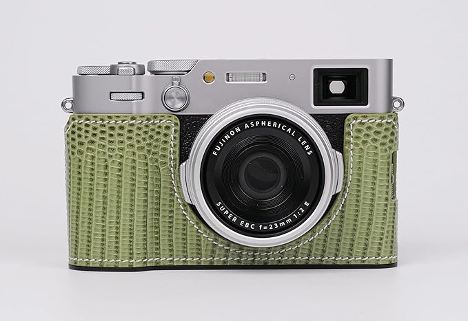 Handmade Genuine Leather Camera Half Case for Fujifilm X100VI - Top Layer Cowhide Body + Metal Base Plate - Hand Shank Free Design (Green 1)