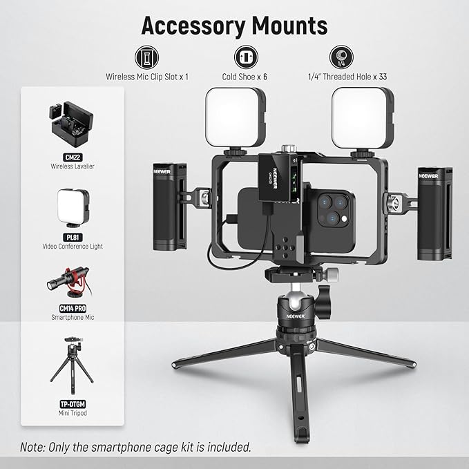 NEEWER Upgraded Phone Rig Vlogging Kit, Video Cage Stabilizer with Dual Handle Wireless Mic Clip Slot Cleaning Cloth for TikTok YouTube Recording Compatible with iPhone Samsung Android SmallRig, PA009