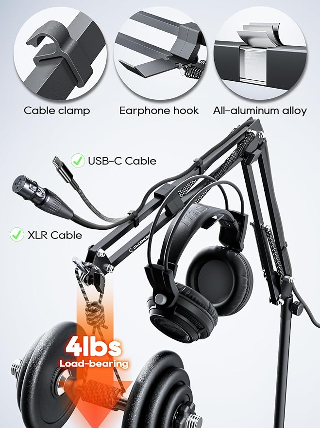 Boom Arm, 360° Rotatable Microphone Stand with Desk Mount, Foldable Desk Mic Arm with 3/8'' to 5/8'' Screw Adapter, Microphone Arm for Live Streaming, Gaming, Podcasting