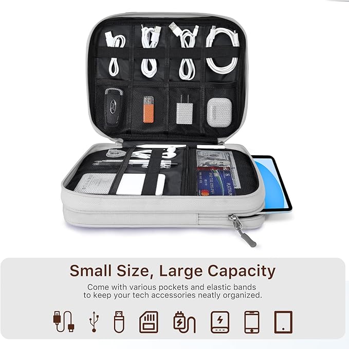 Dadanism Electronics Travel Organizer Case, Double Layers Cord Organizer Travel All-in-One Storage Bag for Cable, Cord, iPad, Chargers, fits 9-11'' Tablets, Portable Tech Accessories Bag, Gray White