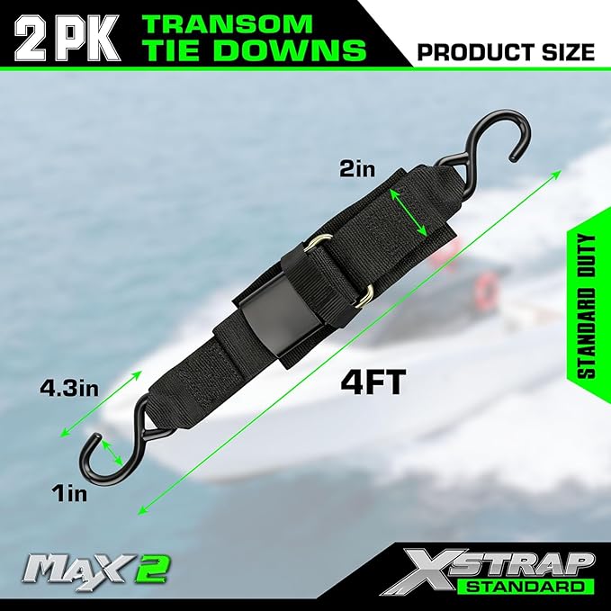 XSTRAP STANDARD 2PK 2''x 4' Adjustable Tie-Down Wide Webbing Rated Capacity: 1200 lb Moving Straps Tie Downs Marine Boat Strap Trailer with Hooks Prevent Corrosion Yet Easy