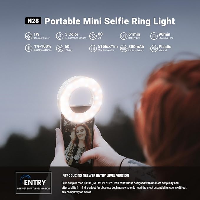NEEWER Entry Level Version 3.74" Phone Selfie Ring Light Compatible with iPhone, 1W CRI80 60 LED Clip on Portable Rechargeable Fill Lighting for Vlog Recording Laptop Webcam Video Conference, N28