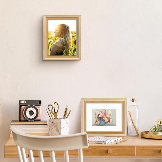 Golden State Art,8x10 Ornate Picture Frame for 5x7 Photo with Mat or 8 x 10 Prints Without Mat, Real Glass Wall & Tabletop Display Horizontally or Vertically (Color:Champagne Gold)