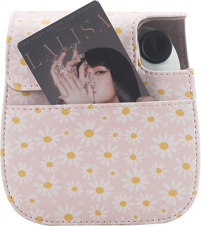 Frankmate Protective Case Compatible with Fujifilm Instax Mini 12 11 9 8 Instant Film Camera with Pocket and Adjustable Strap (Pink Daisy)