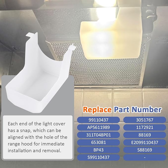 1pcs 99110437 Range Hood Light Lens Cover White Compatible with Bro-an Nu-tone 40000/41000/42000 Series Range Hoods Cover 3051767 S88169 88169 E2099110437 AP337947 1172921