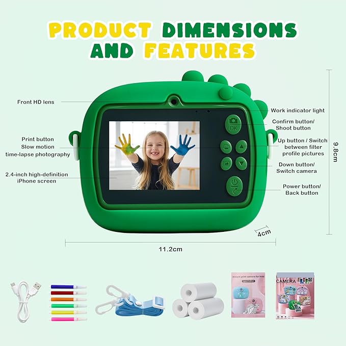 Kids Instant Print Camera with Dinosaur Silicone Cover,1080P HD Digital Video Cameras for Kids with Print Paper & SD Card,Christmas Birthday Gifts for Girls Boys 3-10 Years (Green)