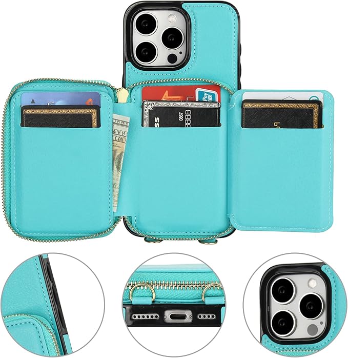 Bocasal RFID Blocking Wallet Case for iPhone 15 Pro Max, Adjustable Crossbody Zipper Purse Card Holder with Kickstand and Detachable Wrist Strap, PU Leather Flip Folio Case 6.7 Inch 5G (Mint Green)