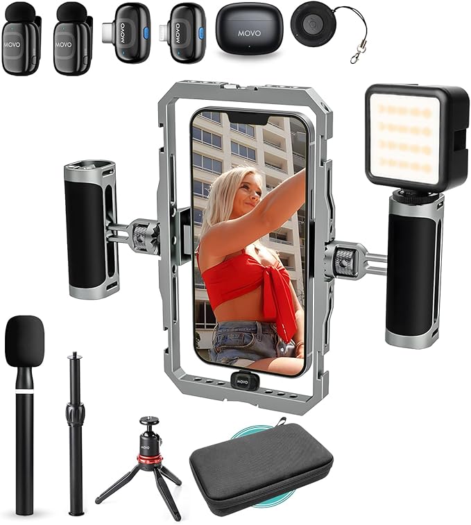 Movo iFilmer-PRO Smartphone Video Rig Kit – Stabilizer Cage with Dual Grips, Wireless Lavalier Microphones & Tripod for iPhone/Android