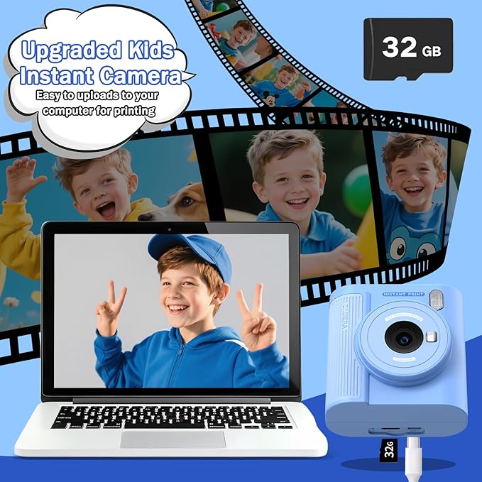 Kids Camera Instant Print for 3-12 Year Olds, HD Digital Instant Print Camera for Boys & Girls, Ideal Christmas Birthday Gift with 32GB SD Card, Easy to Use