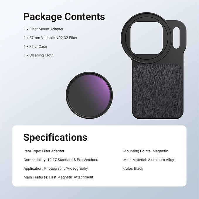 NEEWER 6.3" Magnetic Phone Lens Filter Mount Adapter Backplate Accessories with 67mm Variable Neutral Density Filter (ND 2-32) Compatible with MagSafe iPhone 12/13/14/15/16/17 & Pro Versions