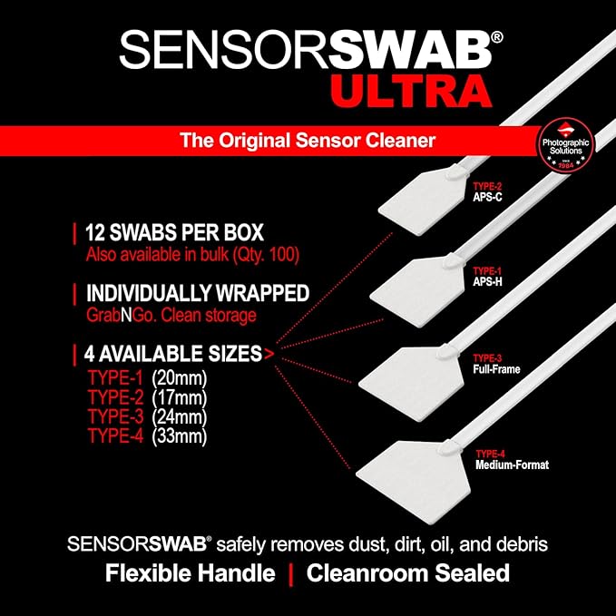 Photographic Solutions Sensor Swab Ultra 33mm Type-4 Digital Imaging Sensor Cleaner Swabs for Cleaning Medium Format Mirrored or Mirrorless Cameras. Sensor Dust & Oil Remover (Pack of 12)
