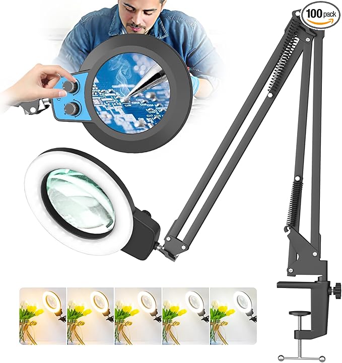 HITTI 12X Long Magnifying Glass with Light, 2026 Upgrade Infinite Color and Brightness LED Desk Lamp with Clamp, Hands Free Magnifier Light and Stand for Workbench Crafts Reading Painting - Blue