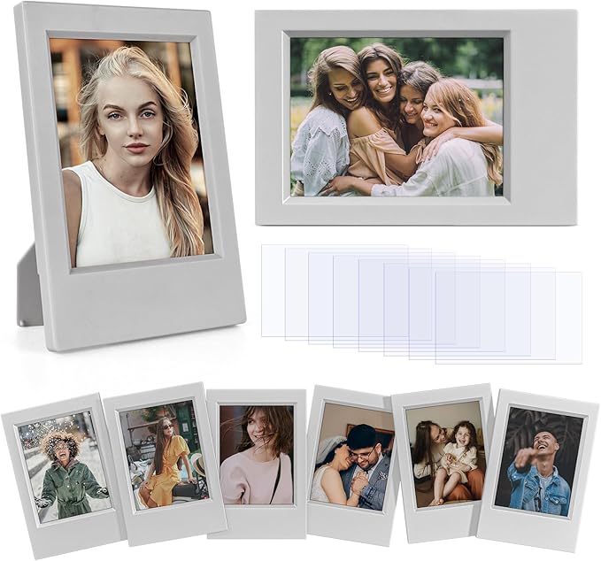 HIYQIN 8 Pack 2x3 Mini Photo Frame Set with Clear Protective Film - Desk Stand Up Display Small Picture Frames for Polaroid Instax mini 12/11/evo/Liplay/41/40/99/SE/9/8/7+ Photo, 3-Inch Film Frame- Freestanding Photo Holder - Grey
