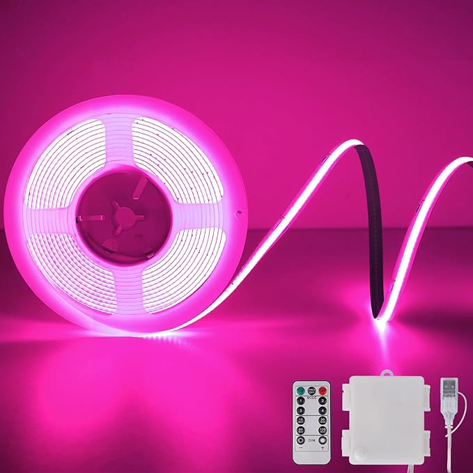 Pink COB LED Strip Lights Battery Powered with Remote, 6.56FT 640LED Light Strip Dimmable Cuttable Flexible Wireless LED Tape Light for Gifts, Bedroom, Party, TV Backlight, Home Lighting Decor