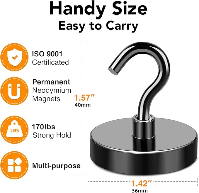 MIKEDE Magnetic Hooks, 170LB Super Strong Magnet Hooks Heavy Duty for Cruise Essentials, Black Neodymium Earth Magnets with Hook for Hanging, Magnetic Metal Hanger for Fridge, Toolbox - 4 Pack