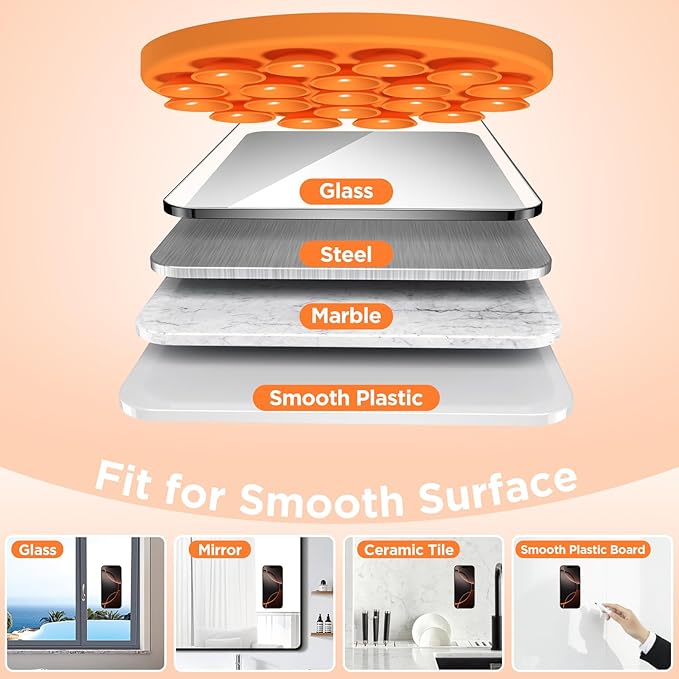 Magnetic Suction Cup Phone Mount with MagSafe, Silicone Hands-Free Grip Holder for iPhone Case and Android, Mirror Shower Phone Stand for Makeup FaceTime Gym Kitchen Bathroom, Orange