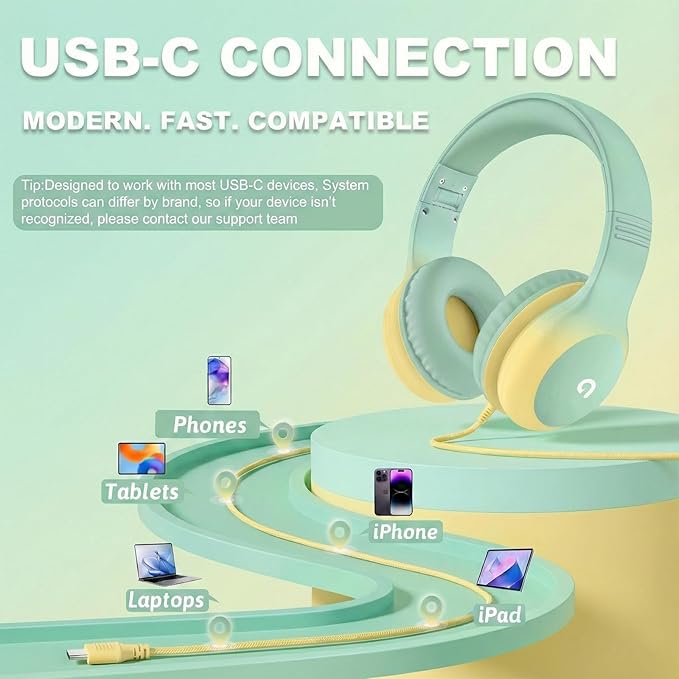 Wired Kids Headphones with USB C Plug, 85dB Safe Volume, Adjustable Headband, Tangle-Free Cord Headphones for School, Tablet, Travel (Mint Green & Cream Yellow, Without Microphone)