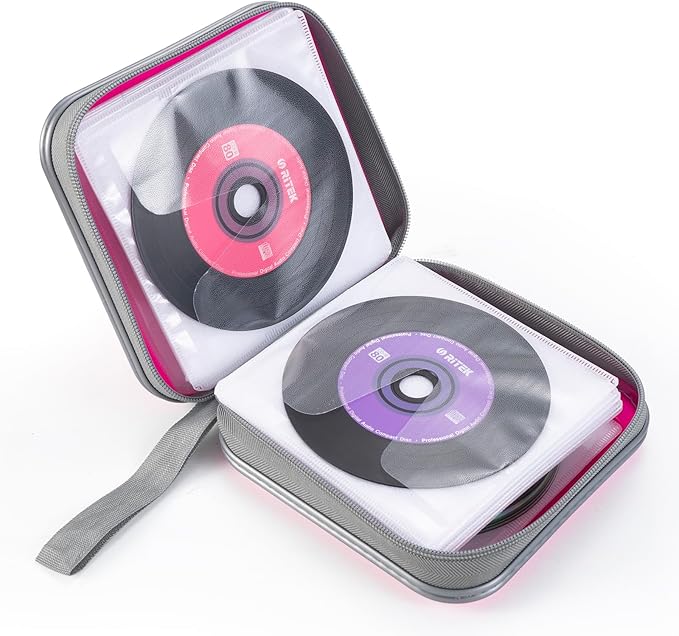 alavisxf xx 48 Capacity Hard Plastic DVD Case Portable Zipper CD Case Holder Large Storage Disc Wallet Bag for Car Home Travel (Hot Pink)