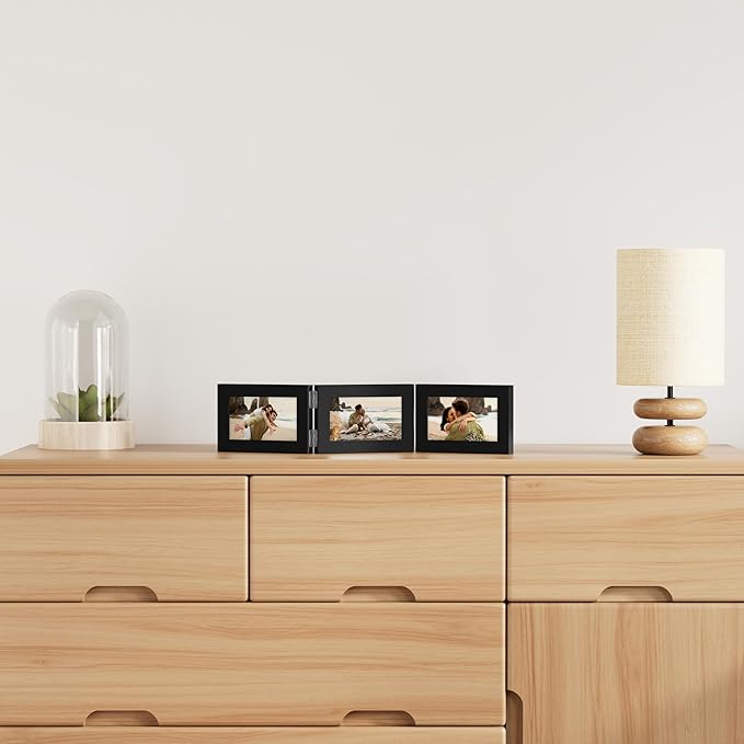 decorUhome Triple 6x4 Picture Frame Horizontal, Engineered Wood Trifold Photo Frame with Plexiglass for Tabletop Display, 6x4, Black