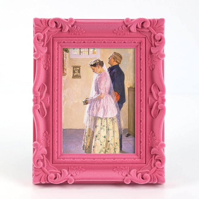 Small 5x7 Picture Frame with Velvet Finish, Cute Pink Decorative Photo Frame for Girly Women Bedroom Living Room, Vintage Ornate Frame for Modern Home Office Decor (Pink)