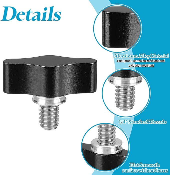 PATIKIL Clamping Screw Knob 1/4" x 0.87", 2Pcs Aluminum Alloy t Shaped Camera Thumb Screws for DSLR Flash Bracket Light Stand Adapter Action Sports Camera Mounting System, Black