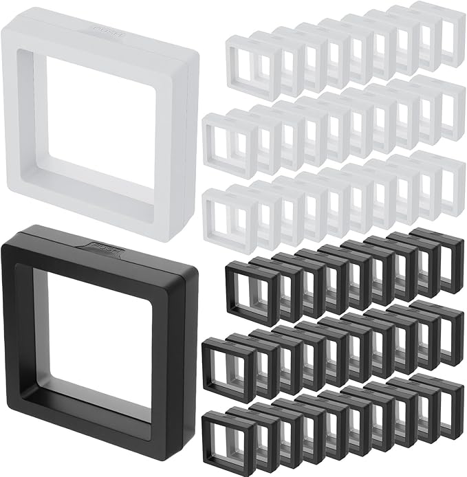 60 Pcs 3D Floating Display Case 2.8 x 2.8 x 0.8 Inch Coin Frame Display Holder Stands for Antique Challenge Coins, Jewelry, Shells, Gems, Minerals, Rocks, Specimen, Pins(Black,White)
